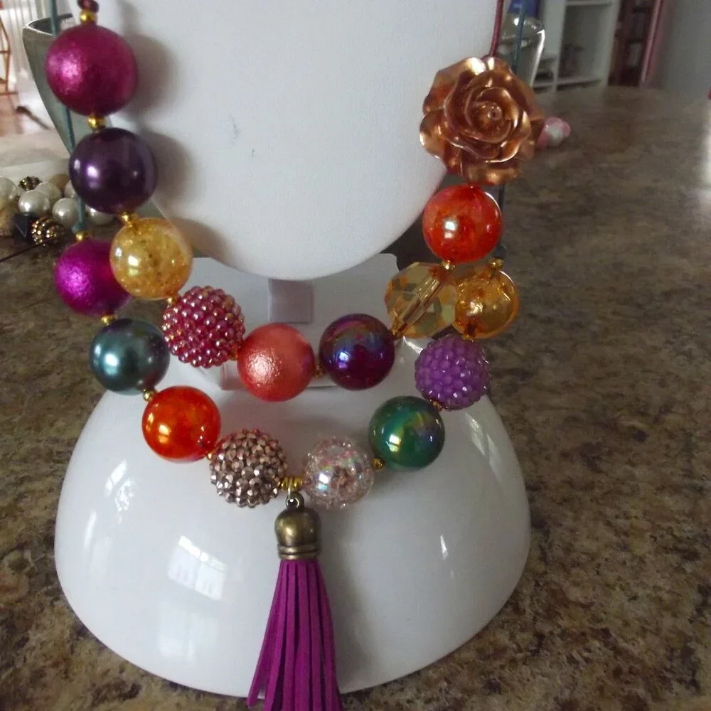 Lot of 2 Necklaces Chunky Beaded Artisan Made - Purple, teal, pink & Gold Tones - Picture 1 of 7